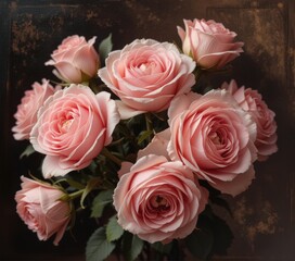 Obraz premium A vibrant bouquet of delicate pink roses elegantly arranged in a clear glass vase, showcasing their lush green leaves and soft petals, adding a touch of romance to any setting.