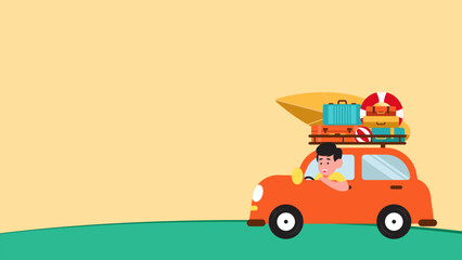 Summer vector illustration with character concept driving a car. Suitable for travel, vacation, summer and family adventure themes.