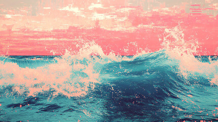 Retro-futuristic abstract glitch art with vibrant pink and teal pixelated waves. Perfect for cyberpunk, vaporwave, and digital-themed designs. High-energy distortion effect