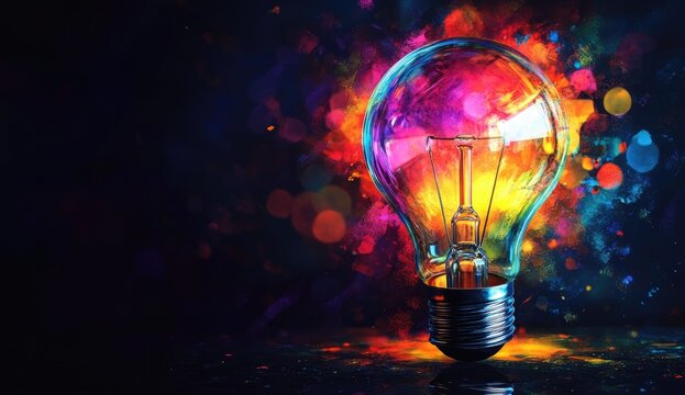 Vibrant lightbulb exploding with colorful paint splashes