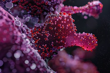 Artistic macro view of red cells encapsulating covid-19 virus particle