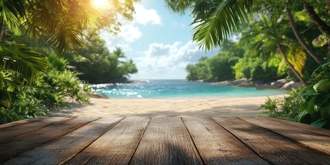 Tropical beach view from a wooden deck highlighting clear waters and lush greenery on a sunny day