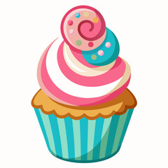 A cupcake topped with pink and orange stripes, showcasing a vibrant and colorful frosting design.