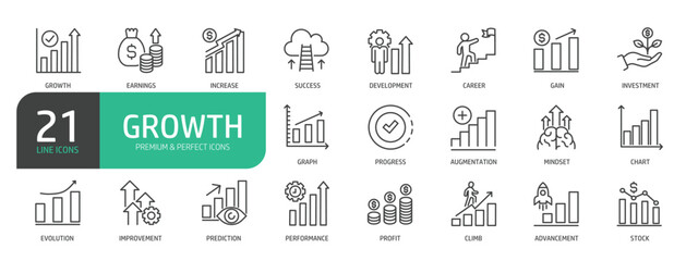 Set Of Growth Line Icons. Contains such icons as Earnings, Increase, Success, Career, Investment, Progress, Mindset, Evolution, Profit, and more.