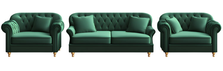  3 green sofas isolated on a transparent background PNG