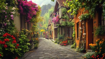 Fototapeta premium A picturesque village with cobblestone streets, blooming flower boxes, and a peaceful atmosphere 