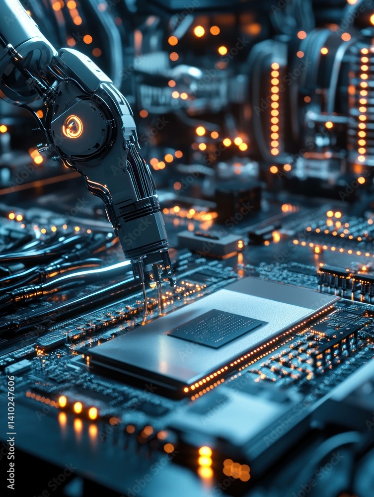 Aufkleber robotic precision: ai integration on circuit board for futuristic innovation