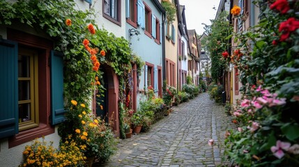 A picturesque village with cobblestone streets, blooming flower boxes, and a peaceful atmosphere
