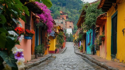 Fototapeta premium A picturesque village with cobblestone streets, blooming flower boxes, and a peaceful atmosphere 