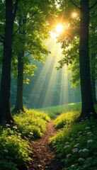 Obraz premium Panorama Waldlandschaft mit Sonnenstrahlen durch die Bl?tter , strahlen, Landschaft