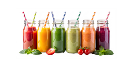 Row of healthy fresh fruit and vegetable smoothies with assorted ingredients served in glass bottles with straws isolated on white background PNG. GENERATIVE AI