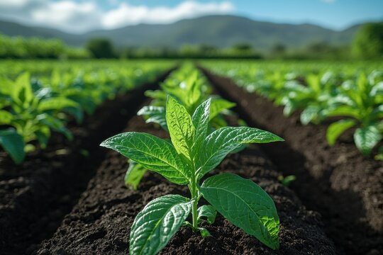 Lush tobacco seedlings in rows