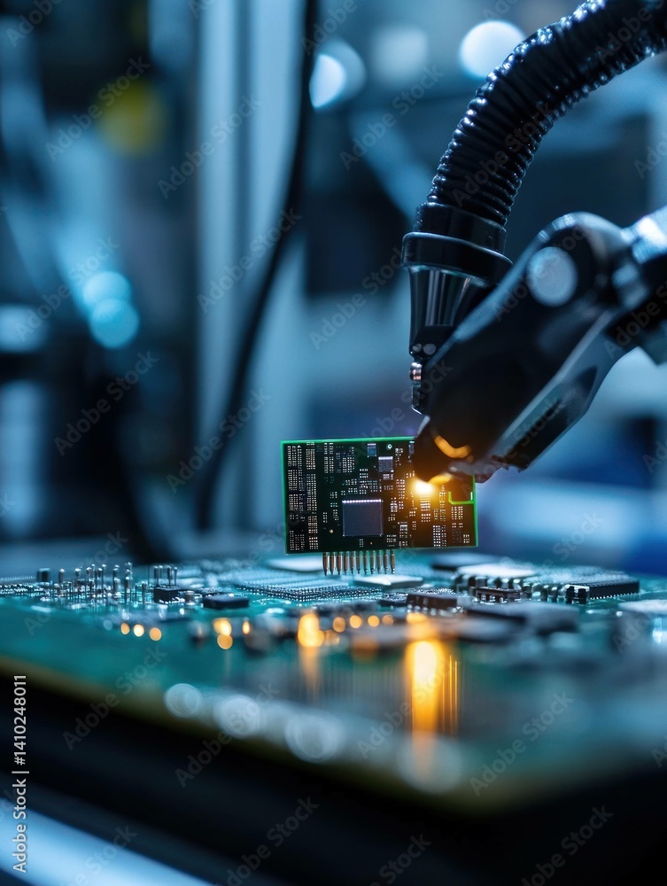Poster automated assembly: robotic arm meticulously placing microchip on circuit board