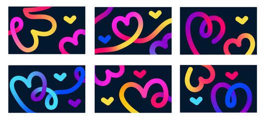 Color Heart  Gradient Line Shapes Love. Abstract Neon Wavy Ribbons. Set Banners. Rainbow Spiral Design Elements Black Background