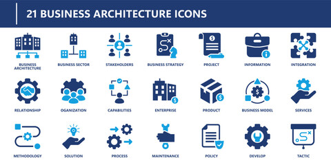 Business architecture icons pack in solid style including strategy, stakeholders, enterprise, project, process, services, policy, and solution.