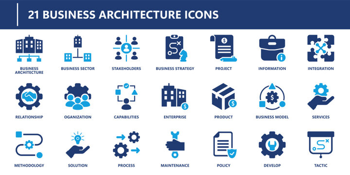 Business architecture icons pack in solid style including strategy, stakeholders, enterprise, project, process, services, policy, and solution.