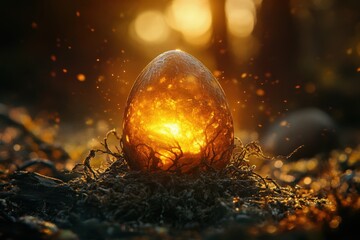 Brightly glowing egg nested in earthy surroundings during twilight hours