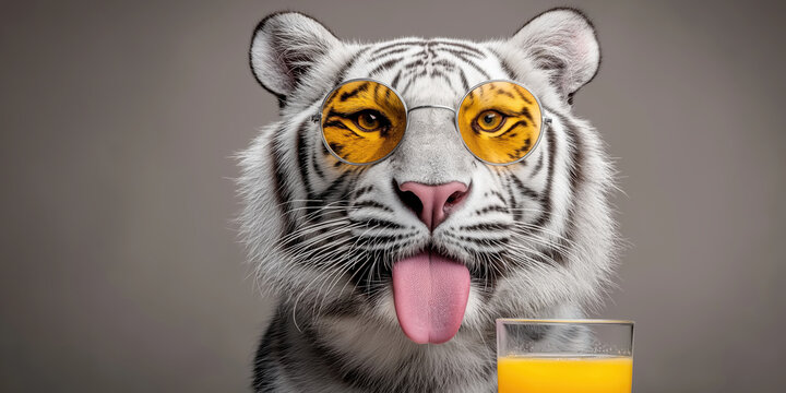 Tiger tr&auml;gt eine Sonnenbrille und h&auml;lt ein Glas Bier, wedelt mit der Zunge