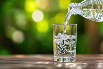 Water is poured from a bottle into a glass on a wooden surface.