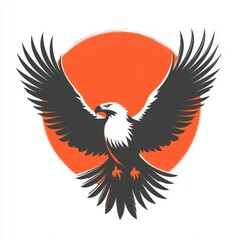Obraz premium Majestic black and white eagle soaring against an orange background with bold wings spread wide