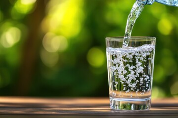 Water being poured into a glass on a wooden surface with green background.