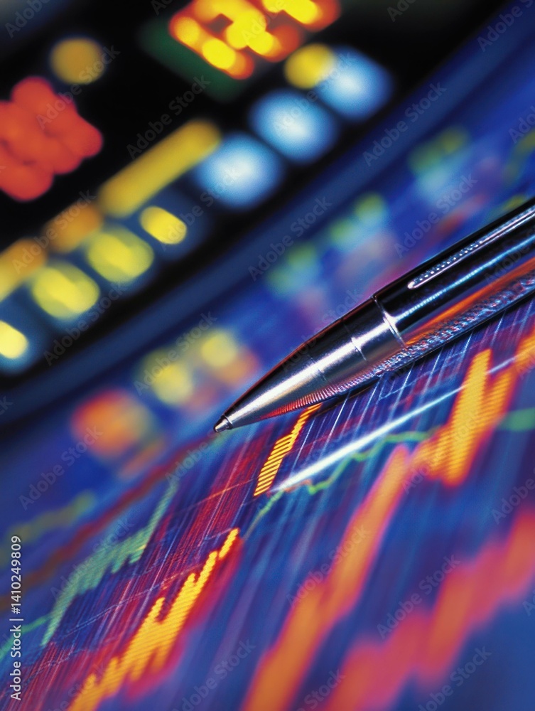 Poster analysis of stock market data displayed on screen with pen suggesting insights