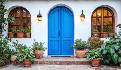 Fototapeta premium Blue front door with potted plants and white wall