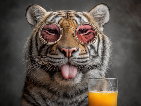 Tiger tr&auml;gt eine Sonnenbrille und h&auml;lt ein Glas Bier, wedelt mit der Zunge