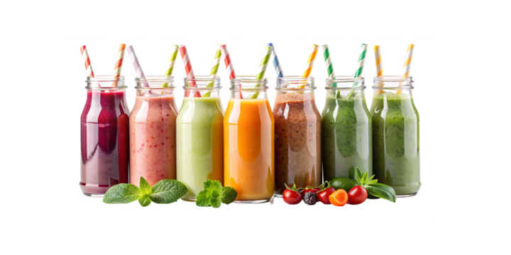 Row of healthy fresh fruit and vegetable smoothies with assorted ingredients served in glass bottles with straws isolated on white background PNG. GENERATIVE AI