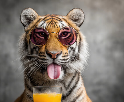 Tiger tr&auml;gt eine Sonnenbrille und h&auml;lt ein Glas Bier, wedelt mit der Zunge