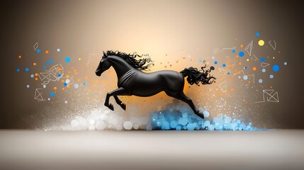 A dynamic black horse galloping through a colorful abstract background, symbolizing freedom and energy