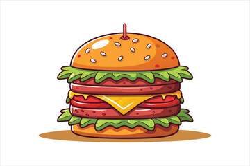 Delicious Cartoon Hamburger with Lettuce, Cheese, and Sesame Bun Illustration