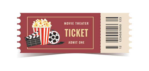 Movie ticket isolated on white background. Vector, movie, movie, popcorn, play, party, event, festival ticket realistic template red-white . Ticket for website.