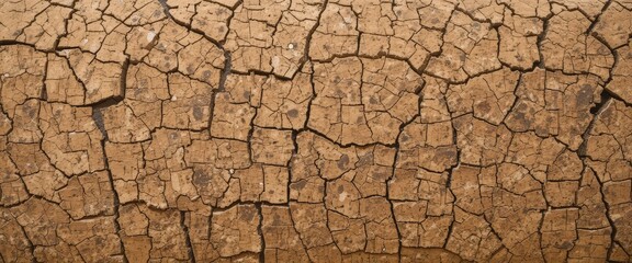 A parched, dry landscape featuring a ground surface with deep, jagged cracks, showcasing the effects of drought. The earth appears barren, with a dusty, sun-bleached texture.