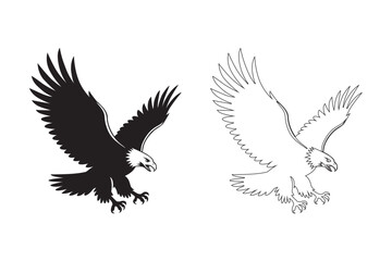 Dual Bald Eagle Illustrations  Bold Silhouette and Fine Line Art of a Majestic Eagle in Mid Flight with Extended Talons