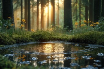 Obraz premium Small pond reflects trees and sunlight in a lush green forest environment.