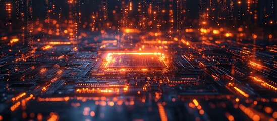 Futuristic Circuit Board with Illuminated Chip, Night Cityscape Background