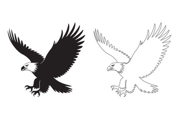 Obraz premium Silhouette and Outline Illustration of a Bald Eagle in Flight with Outstretched Wings and Talons