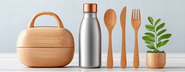 Sustainable business travel practices eco choices, Stylish bamboo lunchbox, cutlery, water bottle and plant. Low-impact travel policy, green executive commute