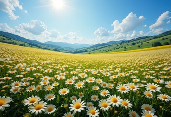 Obraz premium A vibrant field of blooming daisies stretches under a clear blue sky, with the warm sun casting a golden glow over the delicate white petals, creating a serene and cheerful atmosphere.