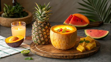 Tropical Fruit Cocktail Inside a Golden Glowing Core