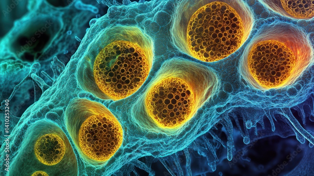 Aufkleber developing cell structures, showcasing internal processes under a microscope in a biological laborat