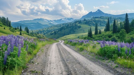 Naklejka premium A road with a field of purple flowers on either side surrounded by mountains and the sky is cloudy