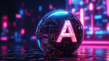 A glowing orb with the letters AI illuminated in bright red and white sits atop a circuit board pattern