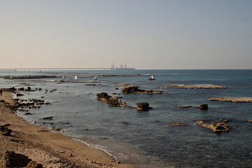 A rocky shore on the Mediterranean Sea, in Israel.