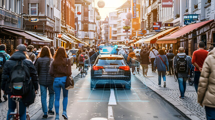 Obraz premium Autonomous car navigating a crowded street with pedestrians and shops in a european city center view .