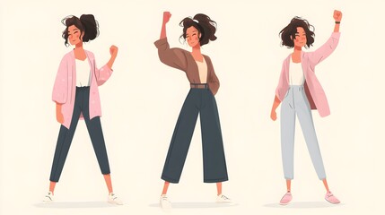 Naklejka premium A woman in a yellow shirt and green pants is shown in three different poses
