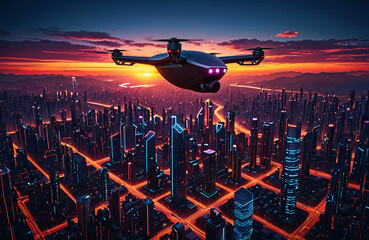 Futuristic Drone Over Neon Smart City at Sunset