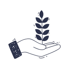 Illustration of a hand holding a grain stalk, symbolizing growth and sustainability.