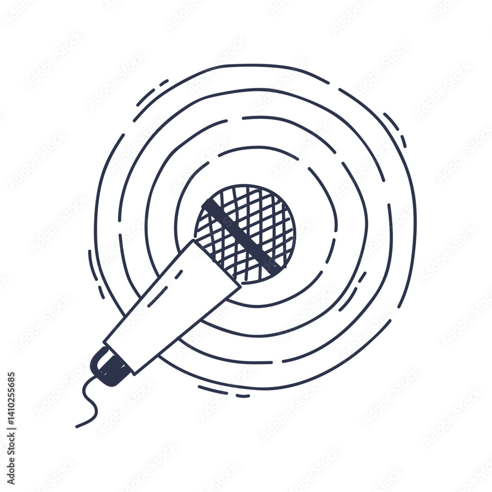 Poster a microphone with radiating sound waves symbolizes communication and broadcasting.